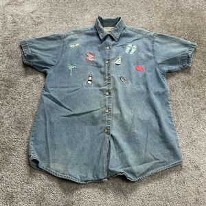 For Her Van Heusen Jean Button Up Shirt Womens Medium Denim Beach Emdroidered